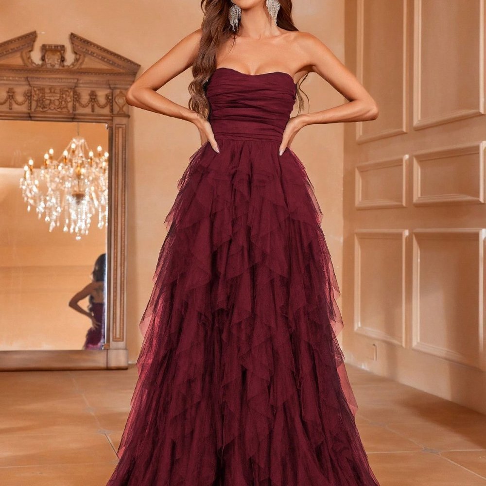 Burgundy Preppy Womens Solid Ruched Tube Wedding Dress - Picture 4 of 5